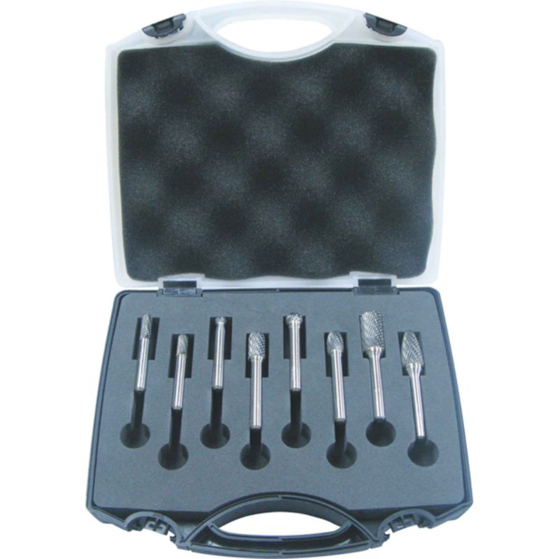 8-piece carbide burr set featuring various shapes and sizes for precision cutting, ideal for metalworking and detailing projects.