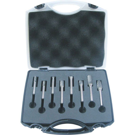 8-piece carbide burr set featuring various shapes and sizes for precision cutting, ideal for metalworking and detailing projects.