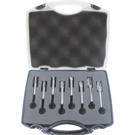 8-piece carbide burr set for precise cutting and shaping of metal, featuring various head shapes and sizes for diverse applications.