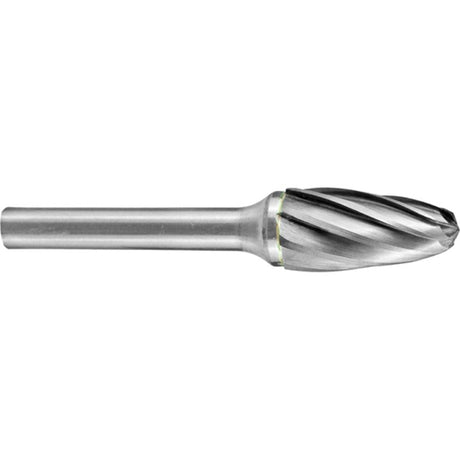 Carbide burr with 3/8" head and tree radius end, designed for shaping and smoothing wood, aluminum, and plastics.