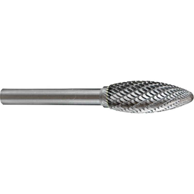 Holemaker Carbide Burr 5/16x3/4in Flame Shape with 1/4in shank, ideal for precise shaping, deburring, and contouring metal and wood.