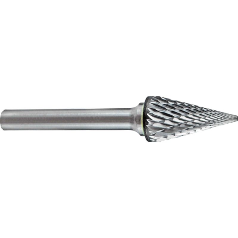 Carbide burr cone shape tool for precision carving, features 1/4" shank, double cut design, ideal for metal and woodwork.