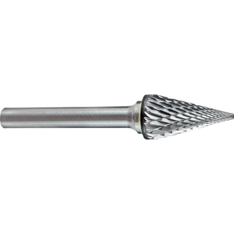 Cone-shaped carbide burr for metal and woodworking, 3/8" head, 3/4" flute, durable for precision cutting and shaping.