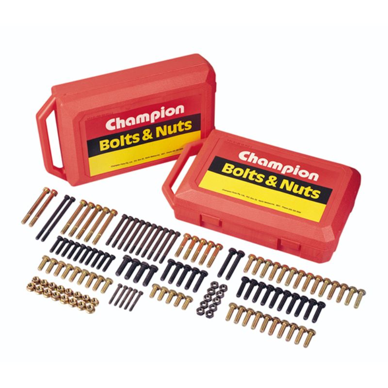 Champion 600pc Case featuring Grade 5 bolts, set screws, and nuts in various sizes, ideal for diverse construction projects.