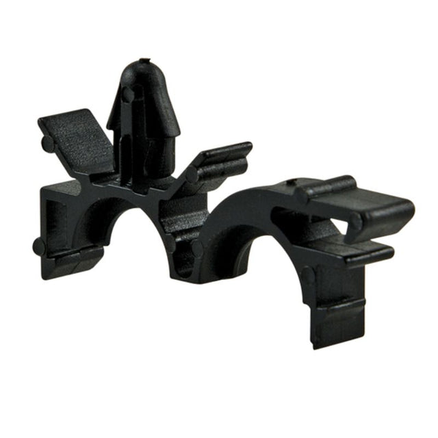 Black 9mm universal pipe clips in a 50-pack, designed for versatile pipe fastening in automotive, plumbing, and DIY projects.