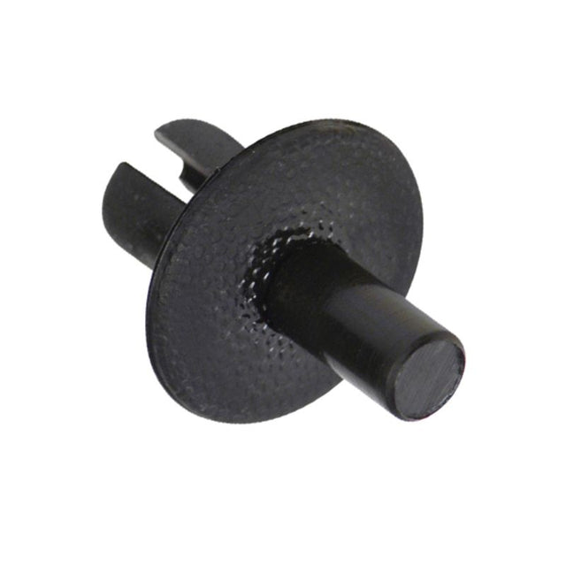 Black Champion Plastic Push Rivets with 16mm head, 10.4mm length; 50-pack for easy automotive panel fastening.