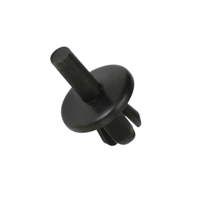 Black plastic push rivets, 16mm head, 10.4mm length, ideal for automotive and DIY projects, pack of 4 for reliable fastening.