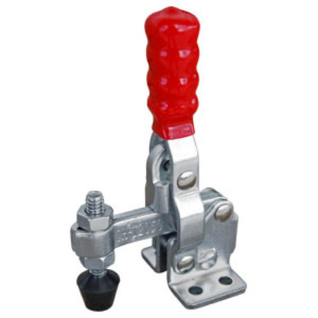 Toggle clamp with vertical flanged base, 91kg capacity, cushion spindle, 100° bar opening, ideal for woodworking and metalwork.