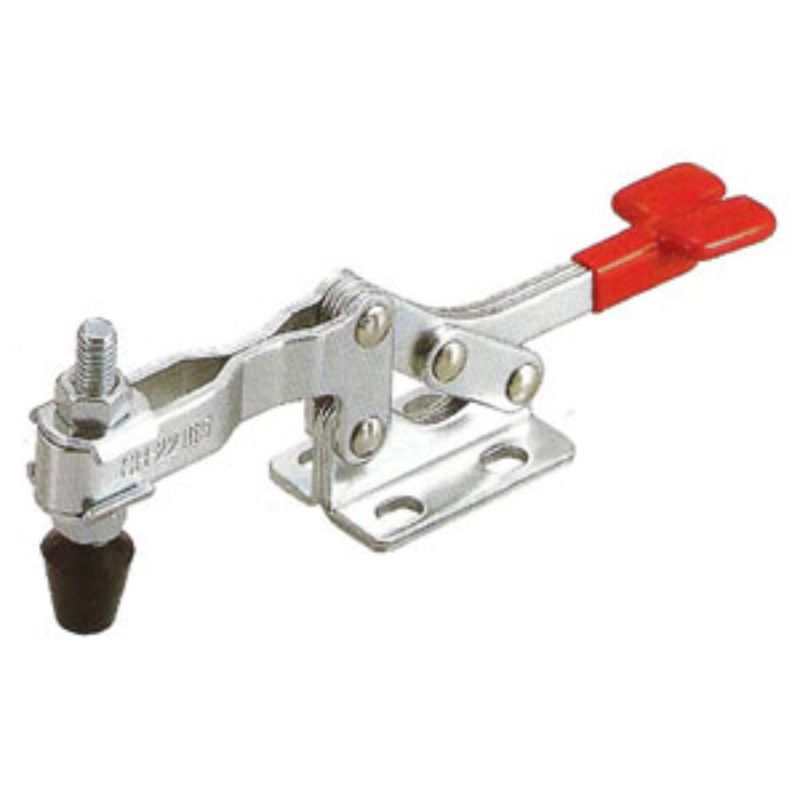 Heavy-duty toggle clamp with flat handle, 250kg capacity, cushion spindle, ideal for woodworking and manufacturing applications.