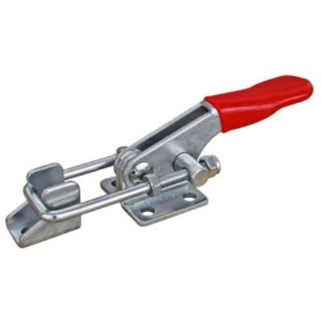 Heavy-duty toggle clamp latch with flanged base, straight handle, and 163kg capacity, perfect for various materials.