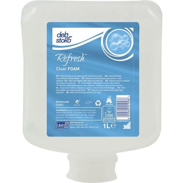 Deb Stoko Refresh Clear Foam 1L Cartridge, a perfume-free, dye-free foaming hand wash ideal for sensitive skin and food environments.