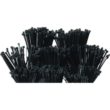 UV Black 1000pc Cable Tie Assorted Pack for versatile organization, featuring durable, weather-resistant nylon ties in various sizes.