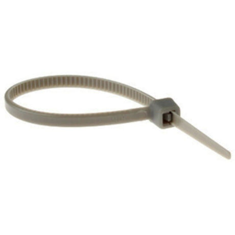 Grey nylon cable ties in a 100-pack, ideal for bundling cables with a 8.2kg tensile strength and temperature range of -40°C to +85°C.