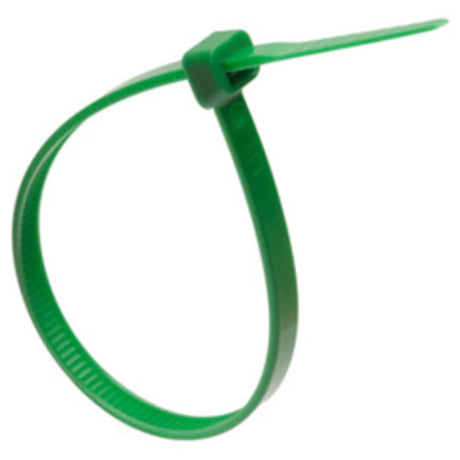 Green ISL 380 x 4.8mm nylon cable ties in a pack of 100, durable for organizing and securing cables with high tensile strength.