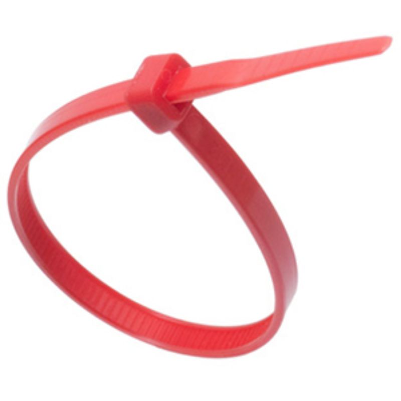 Red nylon cable tie pack of 100, 150 x 3.6 mm, durable with 18.1 kg tensile strength for versatile cable management.