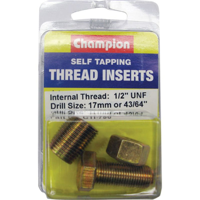 "Champion S/Tapp Thread Insert - durable 1/2in UNF self-tapping piece for secure fastening in various materials."