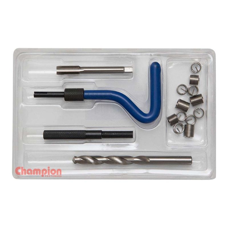 Champion M10 x 1.00 Thread Repair Kit with tap, drill bit, and 12 stainless steel inserts for effective thread repairs.