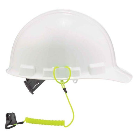 Ergodyne Coil Hard Hat Lanyard with clamp, designed to secure hard hats safely in various tough work environments.