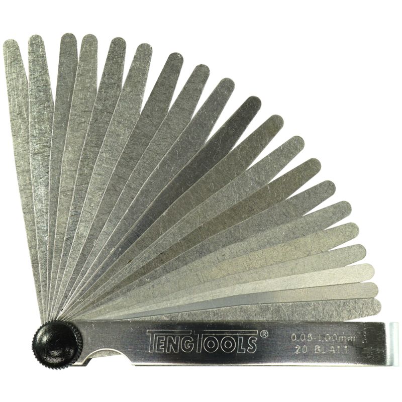 Teng 20 Blade Feeler Gauge, 0.05-1.00mm range, hardened steel blades, 200mm length, housed in a secure fold-up case.