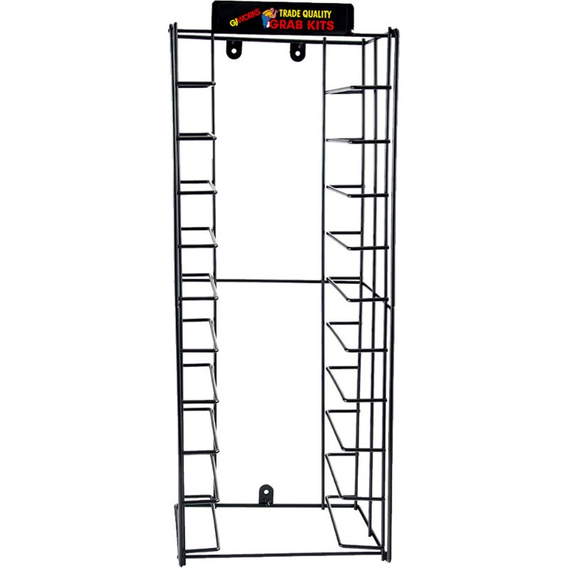 GJ Works 10 Kit Rack System, durable steel storage for 10 GJ Grab Kits, free-standing or wall-mounted design for easy access.