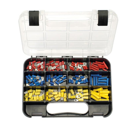 Extensive 170pc crimp terminal kit with red, blue, and yellow connectors for reliable electrical connections.