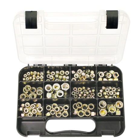 A set of 180 self-locking nuts in various sizes, featuring zinc passivated finish and nylon insert for secure fastening.