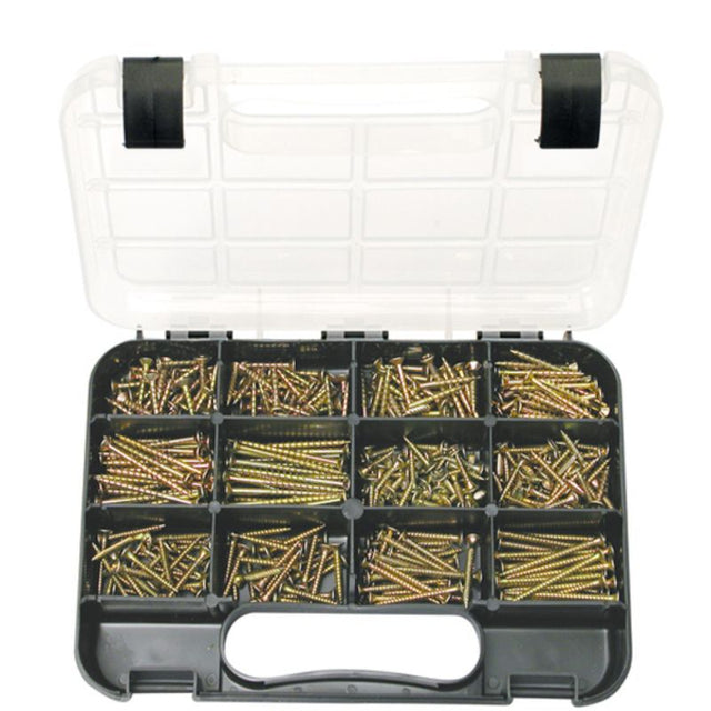 375-piece Champion GJ Grab Kit of chipboard screws in 11 sizes, made from zinc passivated steel for durable, corrosion-resistant fastening.