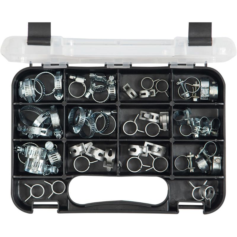 52-piece hose clip kit featuring worm drive, spring clips, and mini clamps for secure hose and pipe connections.