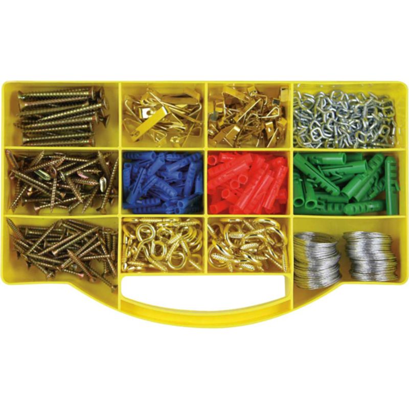 Comprehensive 390pc picture hook kit with various hooks and hardware for secure wall mounting and easy organization.