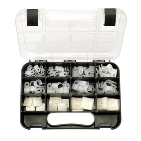 80-piece nylon cable clamp kit for managing cables from 1.8mm to 15.8mm in diameter, ideal for organizing spaces.