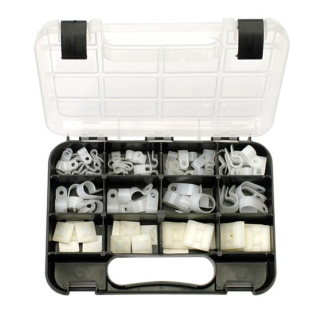 80-piece nylon cable clamp kit for managing cables from 1.8mm to 15.8mm in diameter, ideal for organizing spaces.