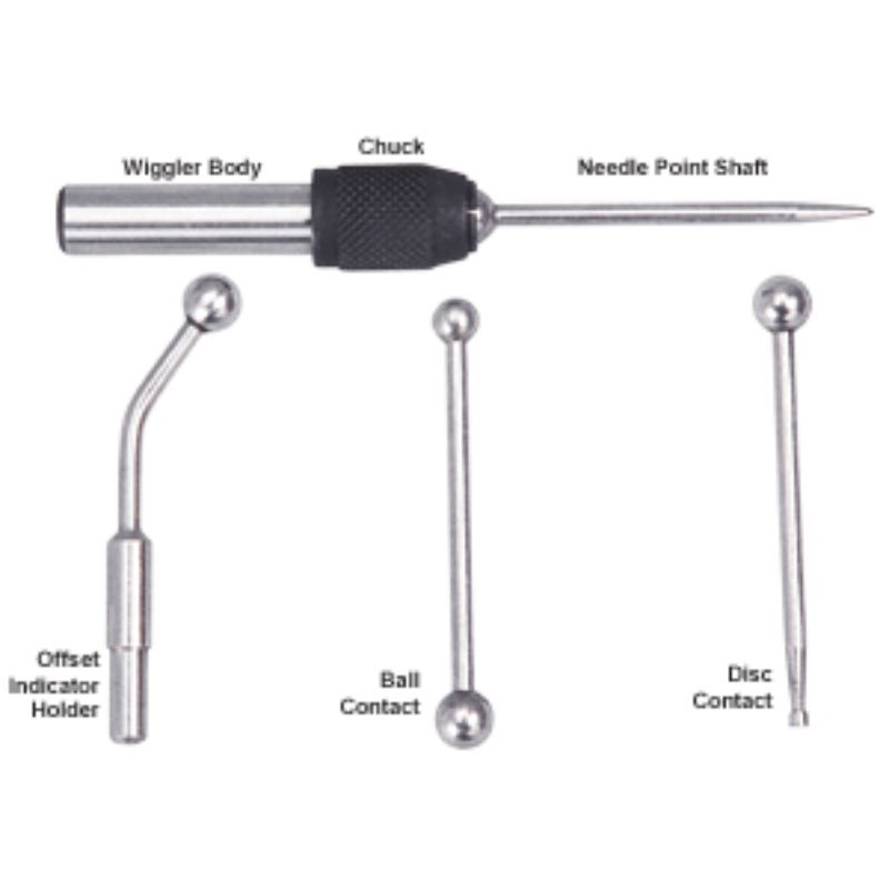 Groz 5pc Wiggler/Centre Finder Set with interchangeable attachments for precise alignment in machining and woodworking tasks.