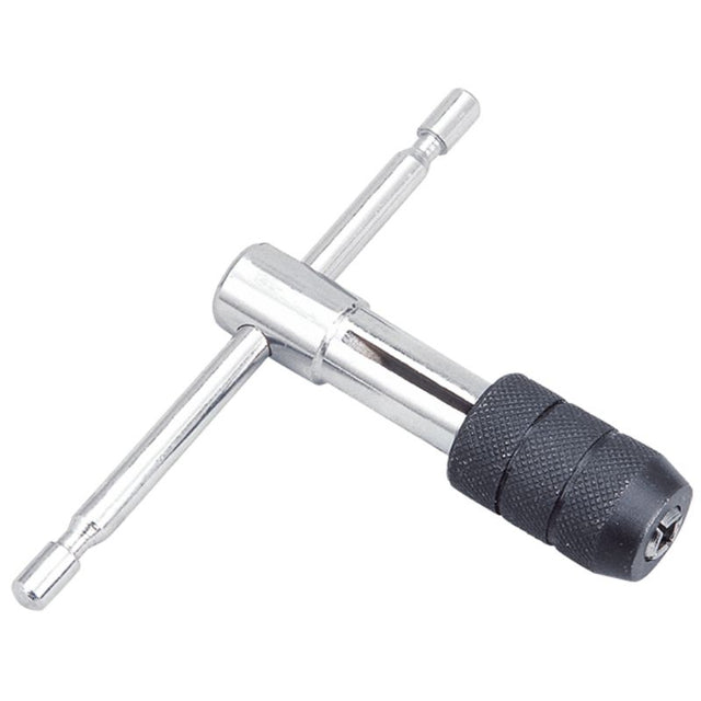 Groz Tap Wrench T-Handle made of hardened steel, featuring self-centering jaws for precision grip on taps and reamers.