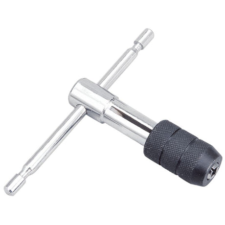 Groz Tap Wrench T-Handle with self-centering jaws, ideal for taps and tools, 3-35/64 inches long, great for tight spaces.