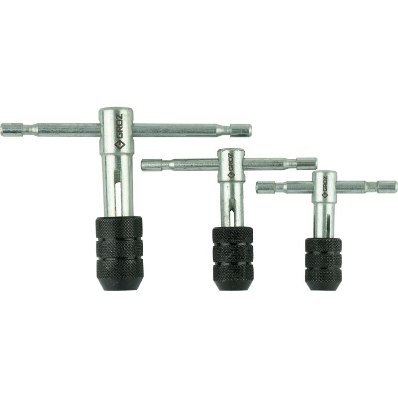 Groz Tap Wrench Set (T Handle, Set of 3) for precise threading, featuring durable T-handles and various sizes for versatility.