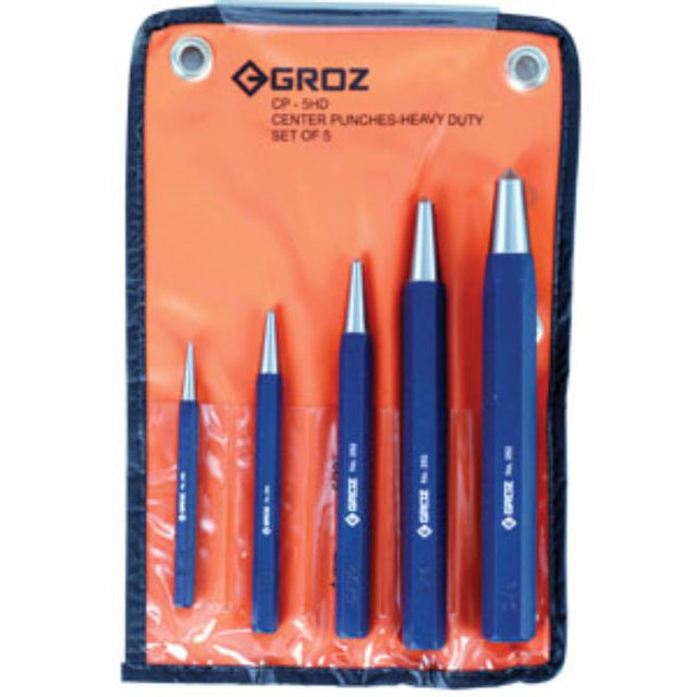 Groz 5pc Heavy-Duty Centre Punch Set from 2.0mm to 10.0mm, featuring durable carbon steel construction and a vinyl pouch.