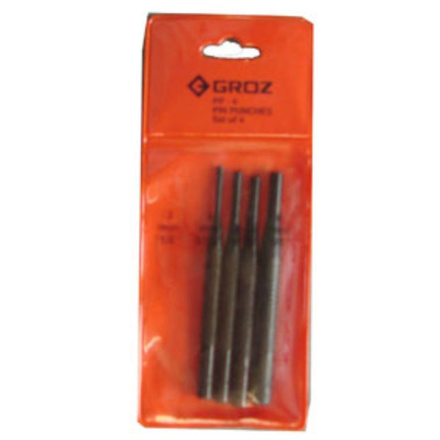 Groz 4pc Pin Punch Set with 4" length, includes sizes 1/8" to 1/4", featuring durable construction and non-slip grip.