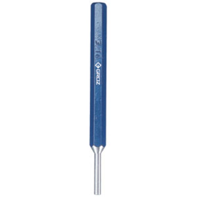 Groz Pin Punch 3/16" x 132mm, heavy-duty carbon steel tool with hexagonal shank, designed for precision pin driving.