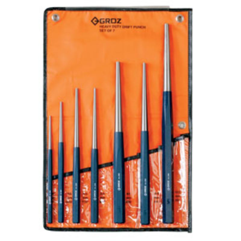 Groz Drift Punch Set 7pc HD with seven durable carbon steel punches in a vinyl pouch, ideal for precise metal and woodworking tasks.