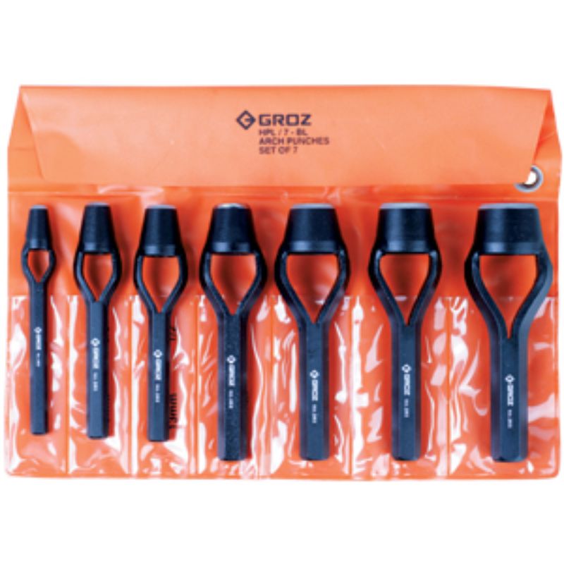 Groz 7pc Arch Punch Set in a vinyl pouch, featuring bell-type punches for precise arcs in various materials.