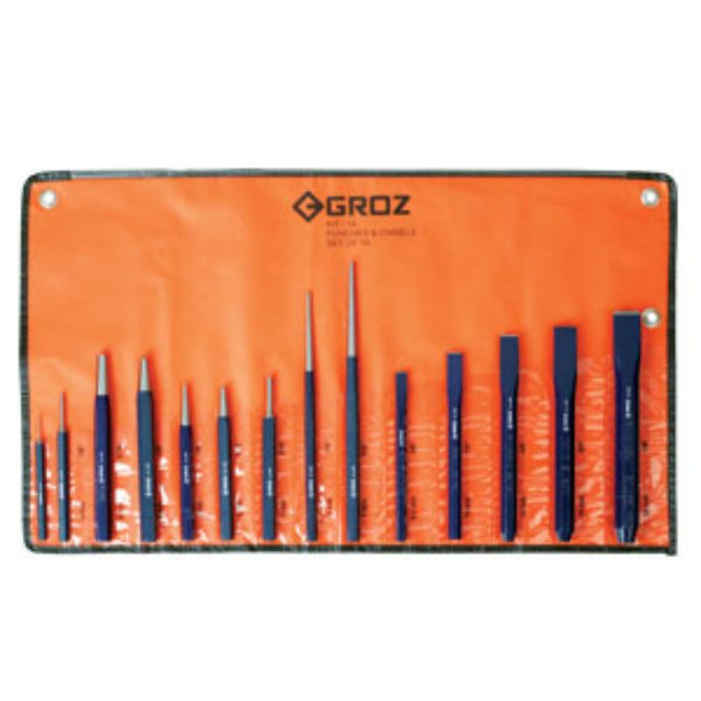 14-piece Groz punch and chisel set in heavy-duty vinyl rolls, featuring durable alloy steel for metalwork and masonry.