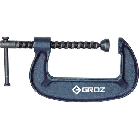 Groz G Clamp 6in with 75mm throat depth, durable SG iron, ACME screw, designed for precise metal and woodworking tasks.