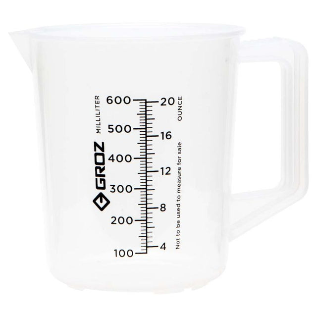 Clear polypropylene 600ml measuring jug with ergonomic handle, suitable for food and industrial use, resistant to chemicals.