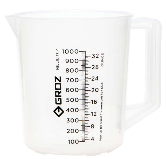 Clear polypropylene measuring jug with ergonomic handle, graduated markings, and chemical resistance, ideal for culinary and industrial use.