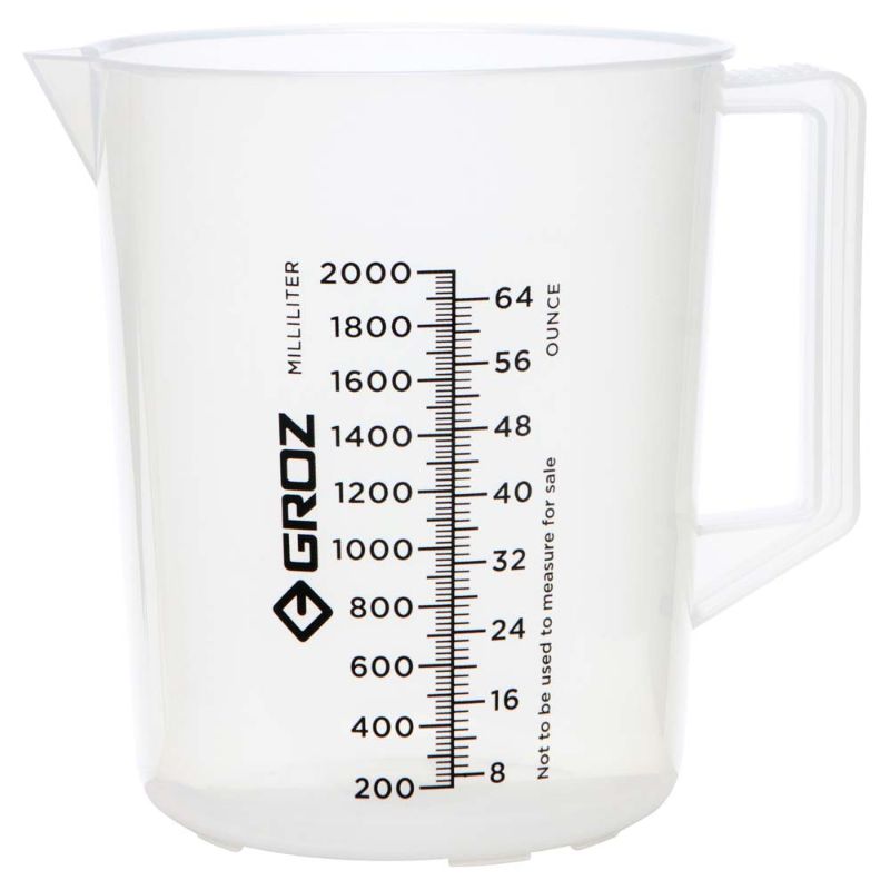 Clear polypropylene 2000ml measuring jug with ergonomic handle, graduated markings, and resistance to acids and chemicals.