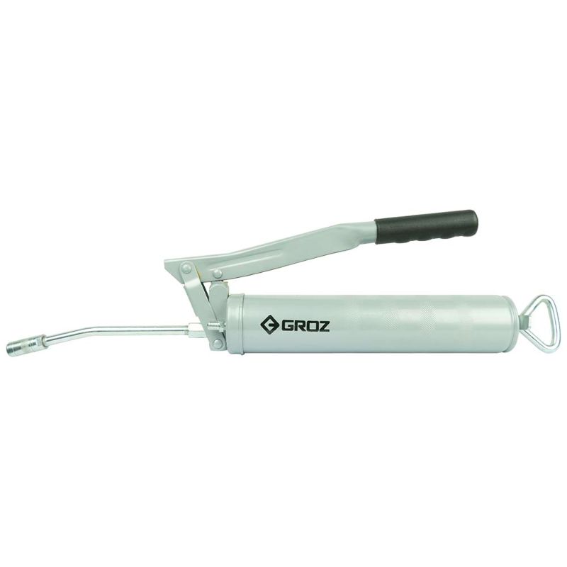 Groz lever action grease gun with durable steel head, 6000 PSI, and soft grip handle, ideal for effective lubrication.