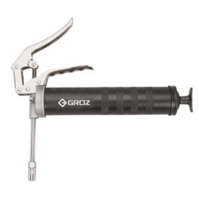 Groz HD Pistol Grip Grease Gun with 5000 PSI, ergonomic grip, flexible hose, and durable aluminum construction, ideal for tight spaces.