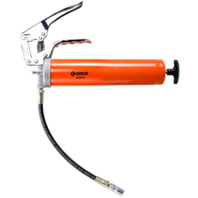 High-pressure Groz HD Vario Pistol Grip Grease Gun with 7000 PSI, flexible hose, and variable stroke for efficient lubrication.