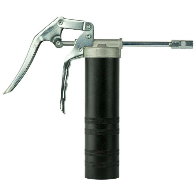 Groz Pistol Grip Spin-On Grease Gun in aluminum with 4" extension for high-pressure greasing up to 6000 PSI, ideal for maintenance.