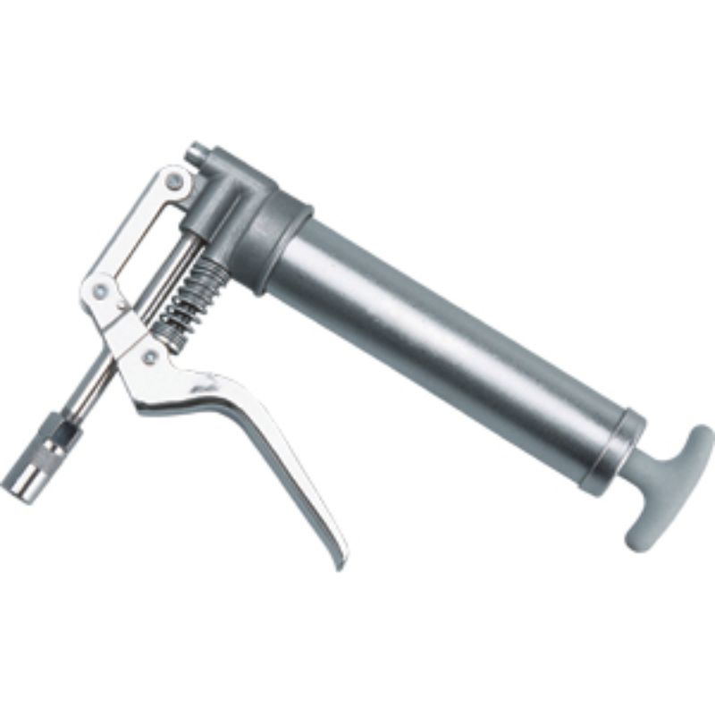 Groz Mini Pistol Grip Grease Gun 120cc with 3500 PSI, ideal for efficient lubrication in tight spaces, includes steel extension.